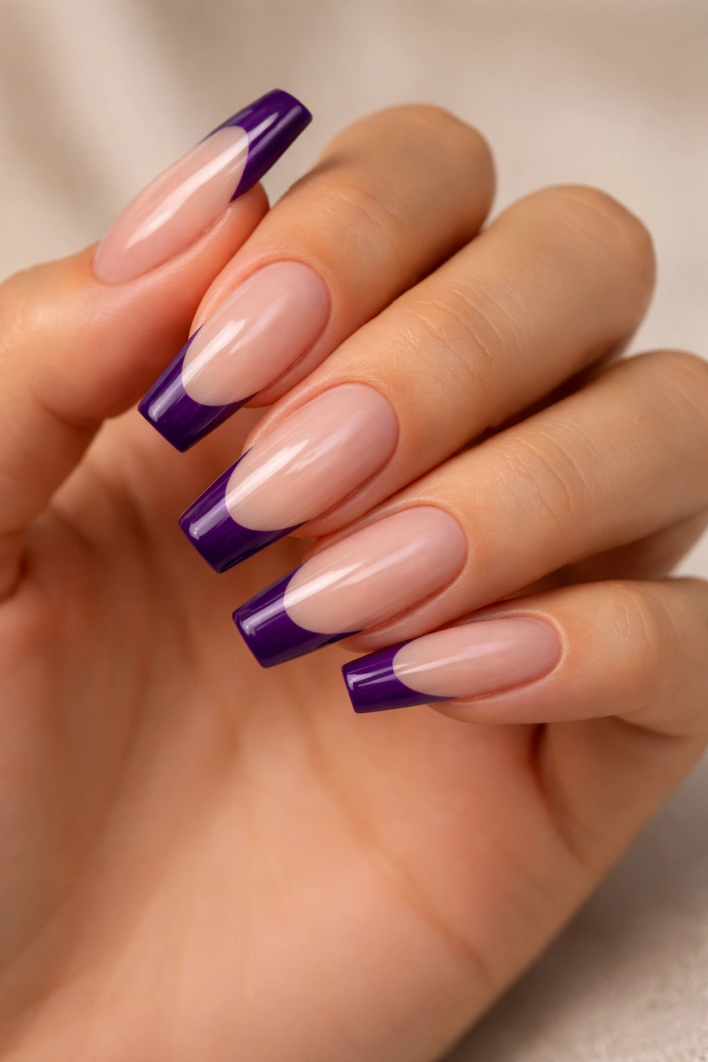Long coffin nails with royal purple French tip