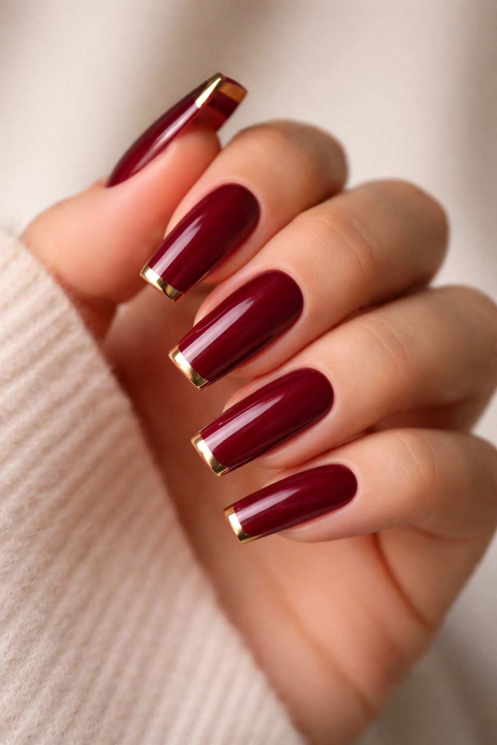 Coffin nails with deep ruby base and thin gold French edge