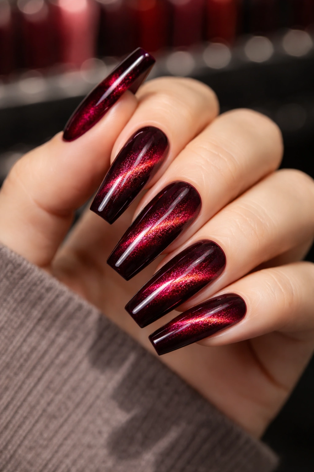 Close-up of deep ruby cat-eye coffin nails with diagonal shimmer on dark background