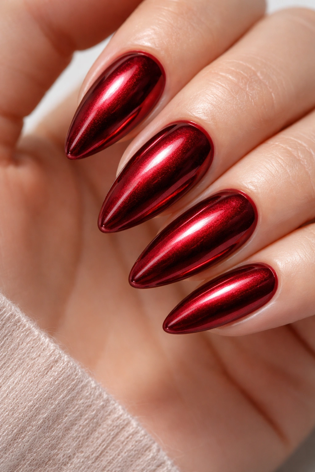 Almond nails with deep ruby chrome full-coverage shine