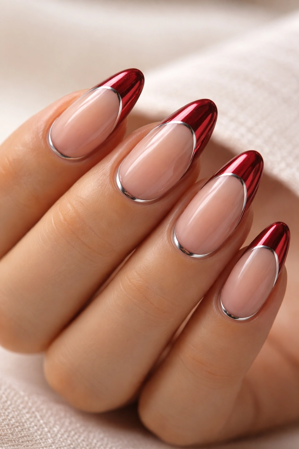 Almond nails with ruby reverse French and chrome cuticle lines
