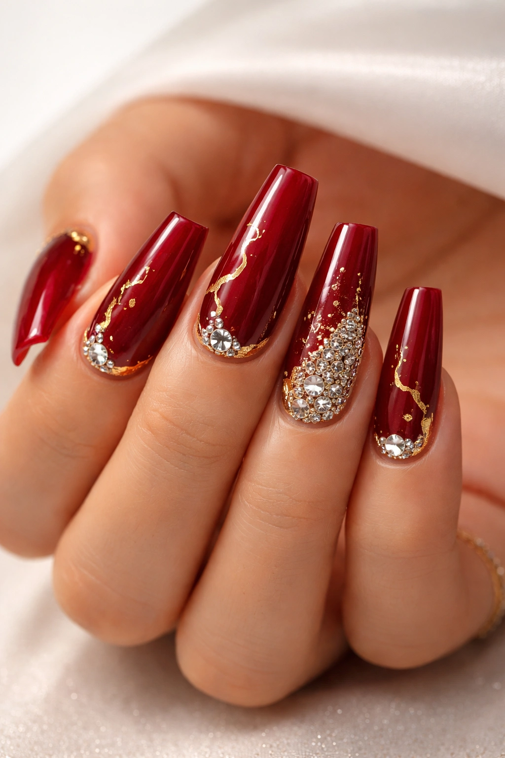 Ruby red coffin nails with gold foil accents and rhinestones near the cuticle