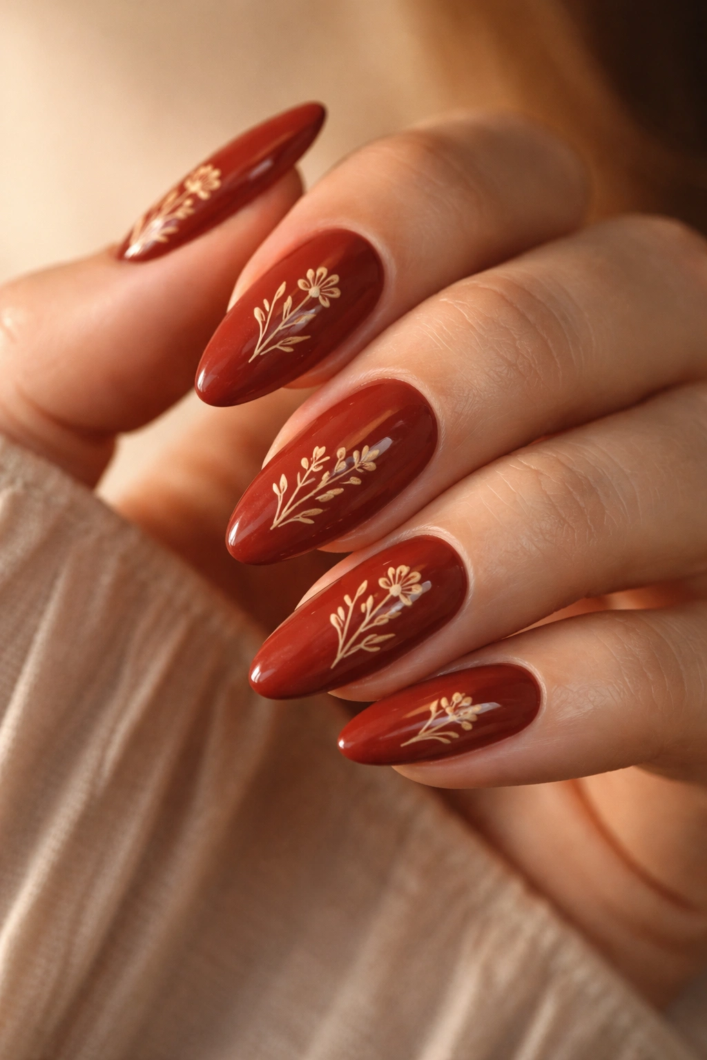 Close-up of rust red almond nails with small desert flower line art scattered on nails