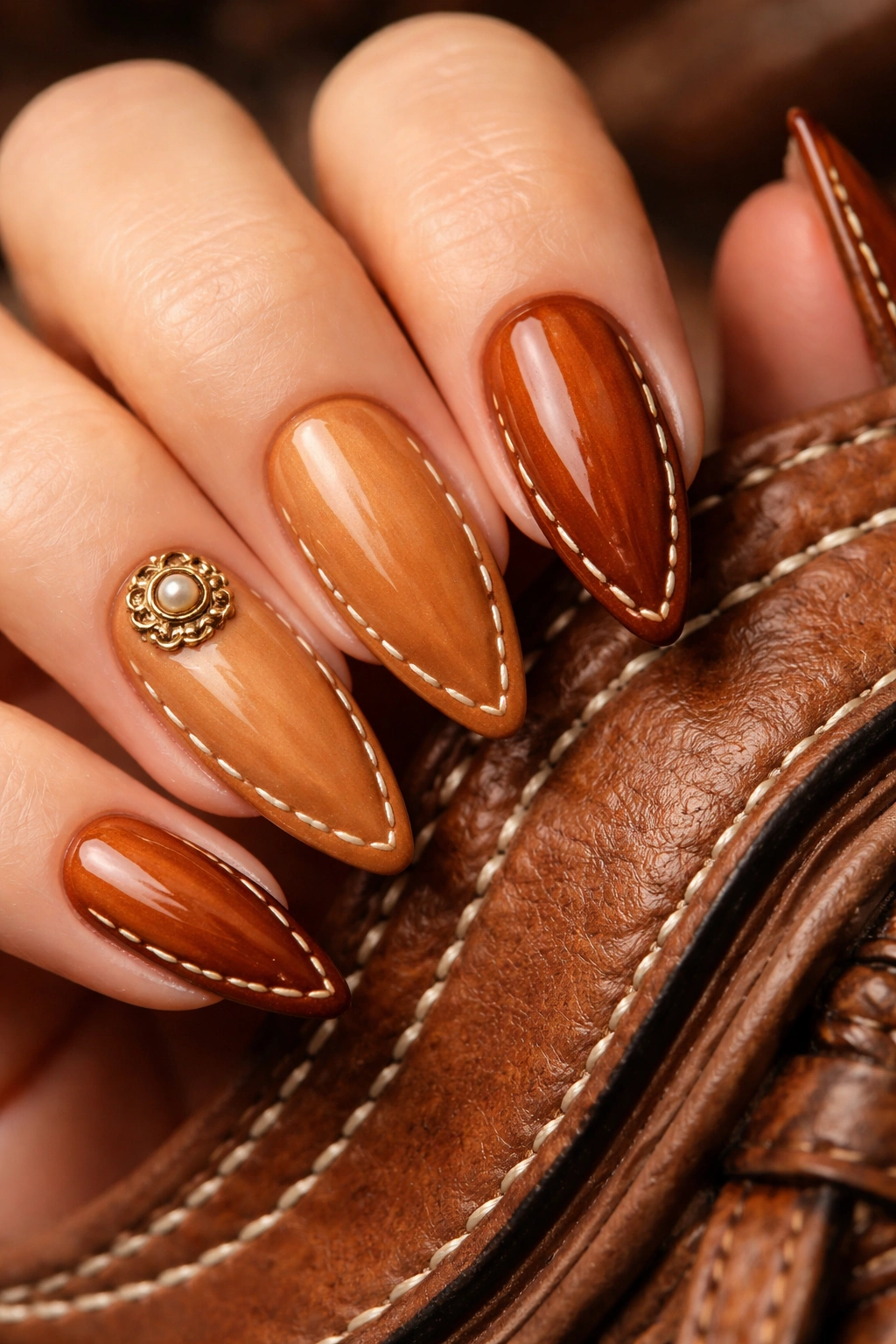 Saddle leather toned almond nails with cream stitching