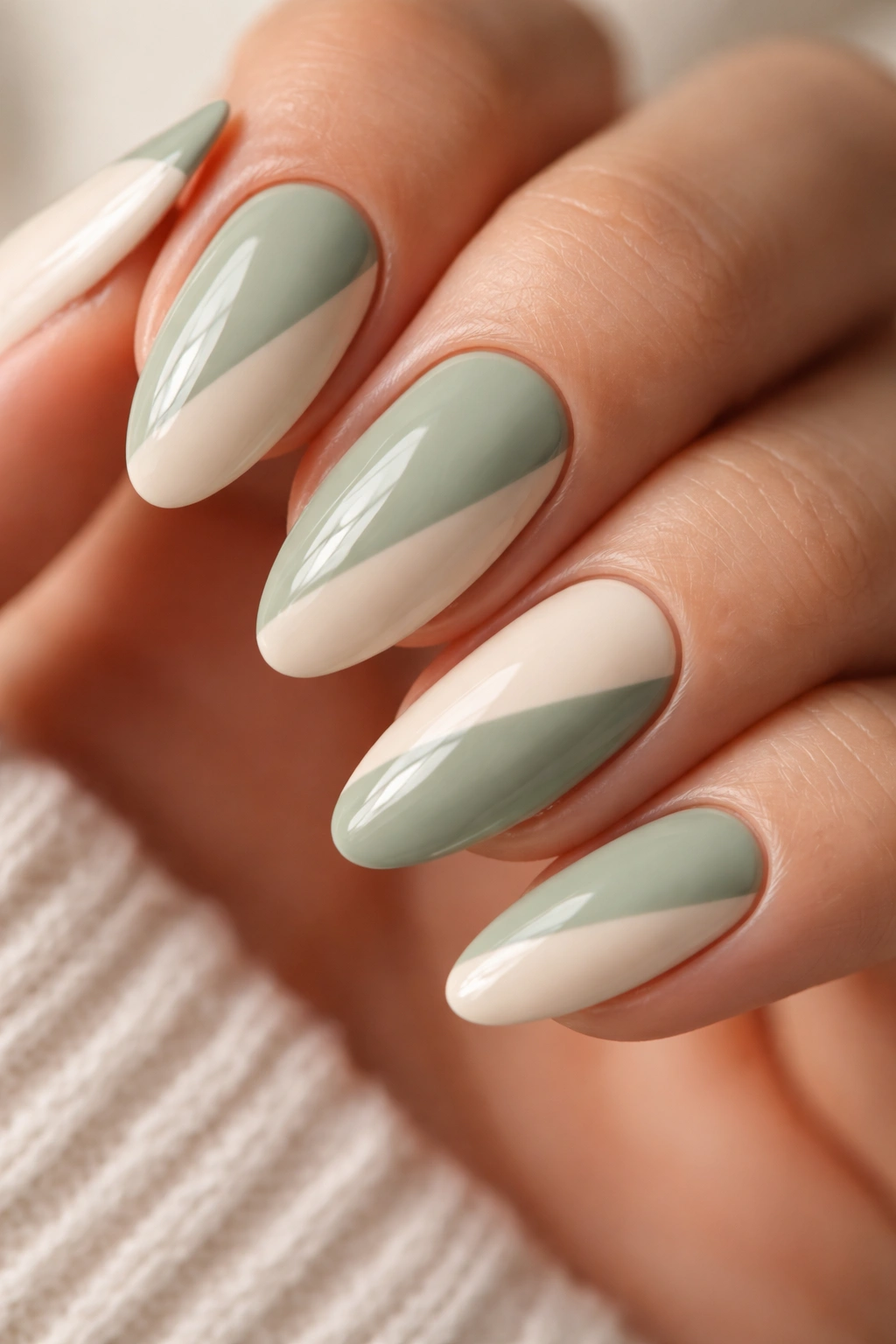 Two-tone sage and cream color block almond nails close-up
