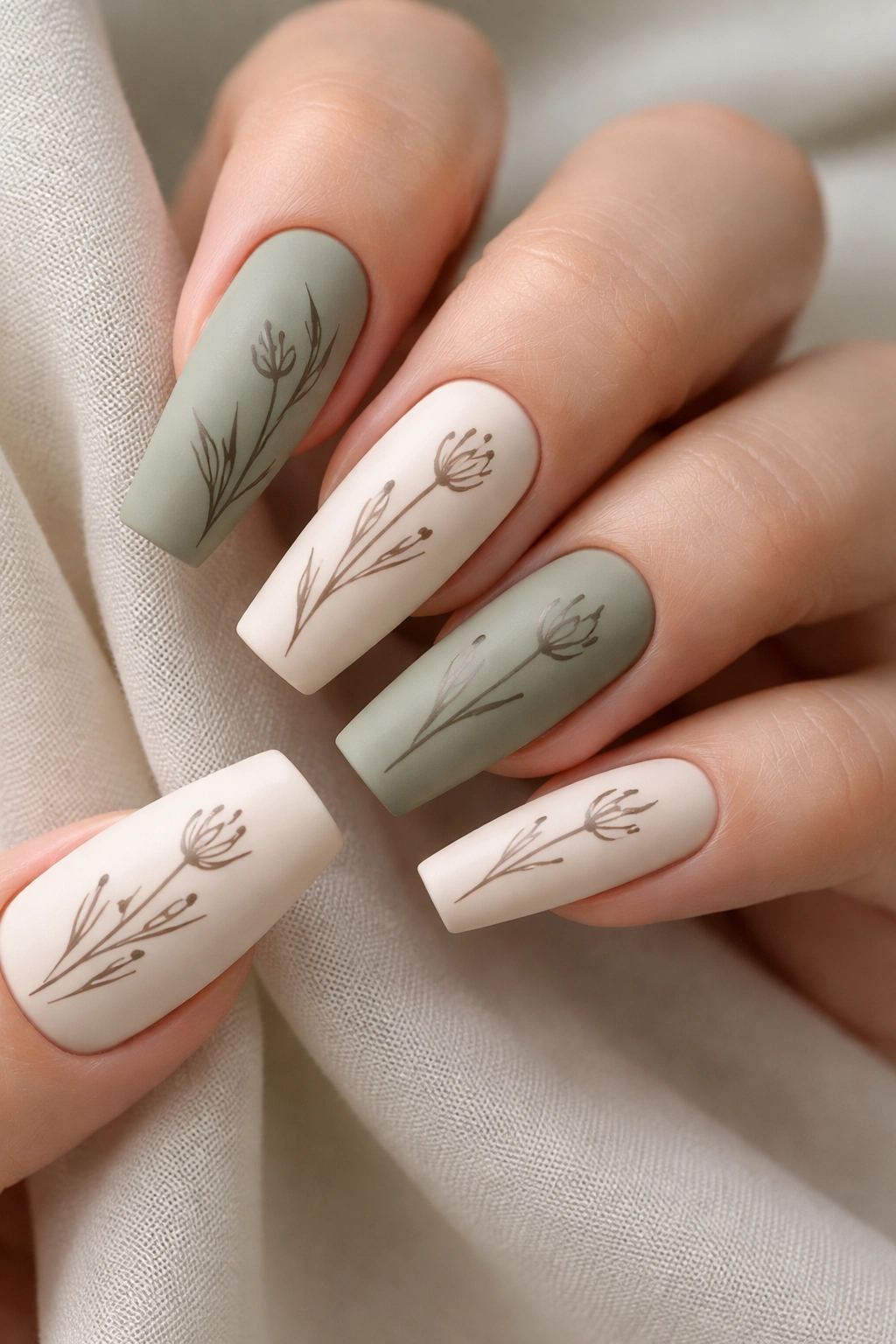 Close-up of sage and cream coffin nails featuring delicate botanical line art.
