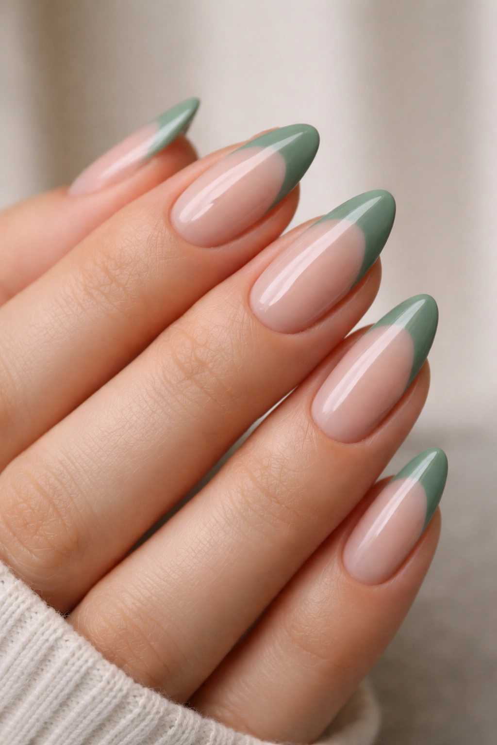 Sage green French tips on almond nails with sheer nude base