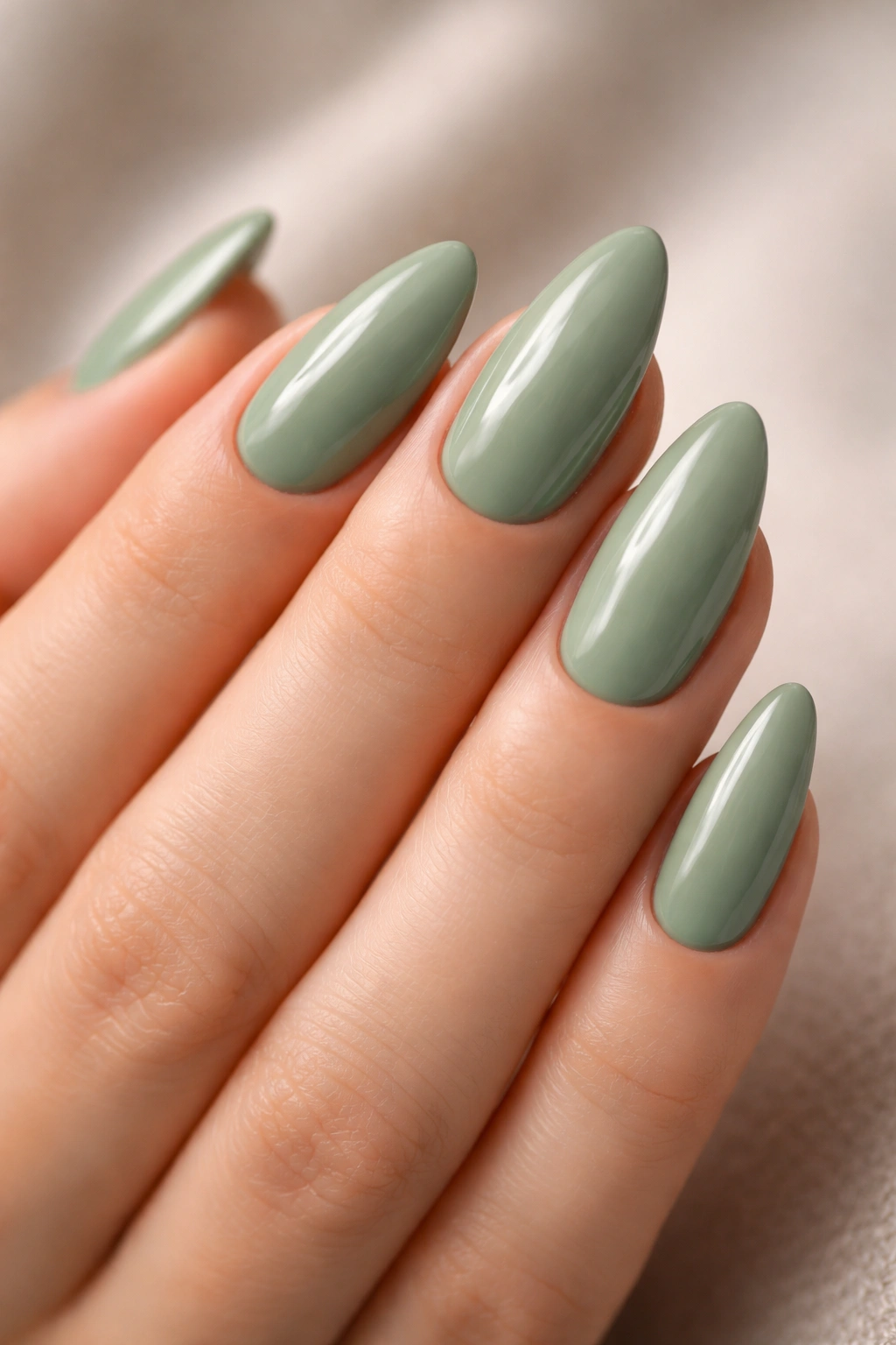 Glossy sage green almond nails close-up with high-gloss finish