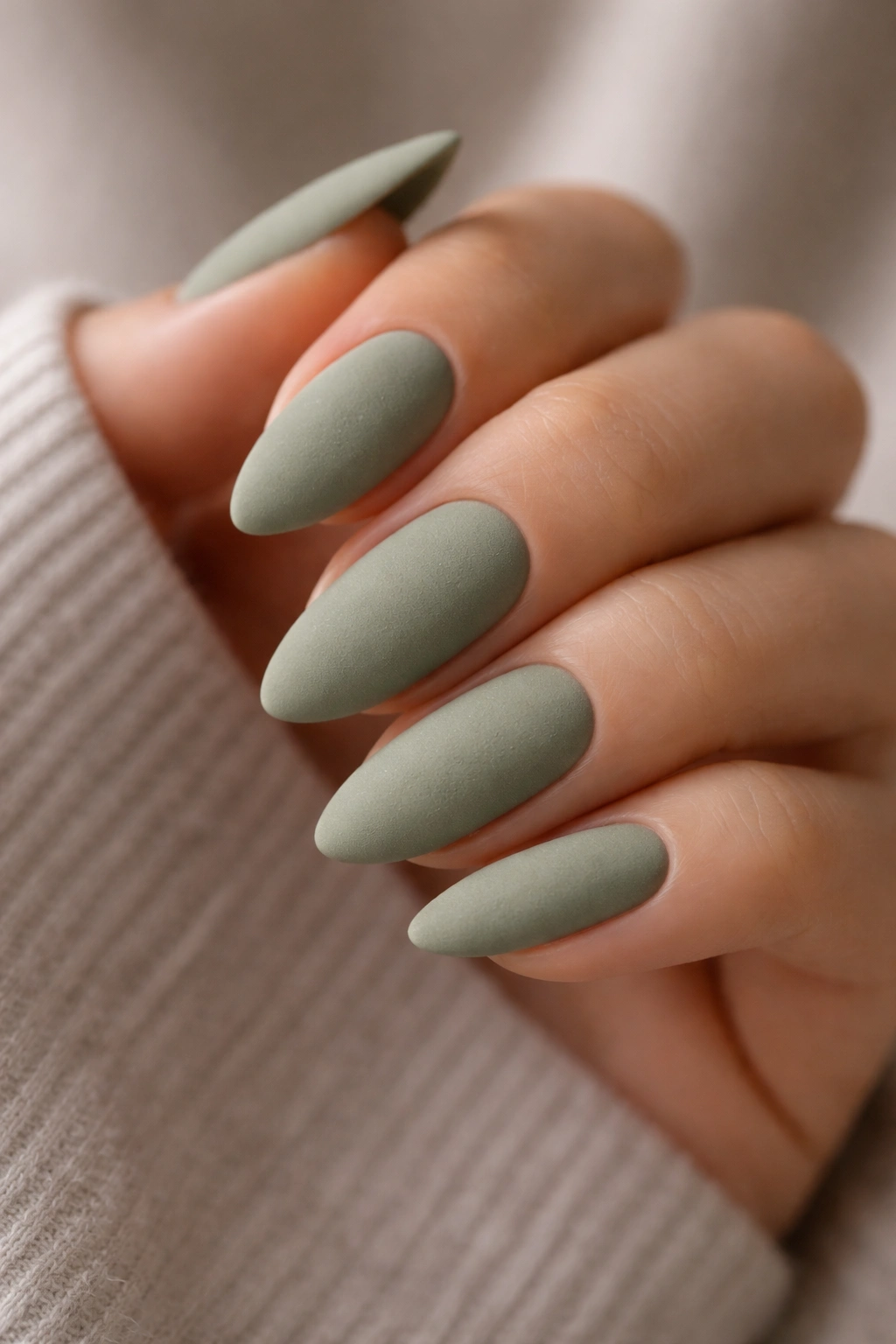 Matte sage green almond nails with velvety suede finish