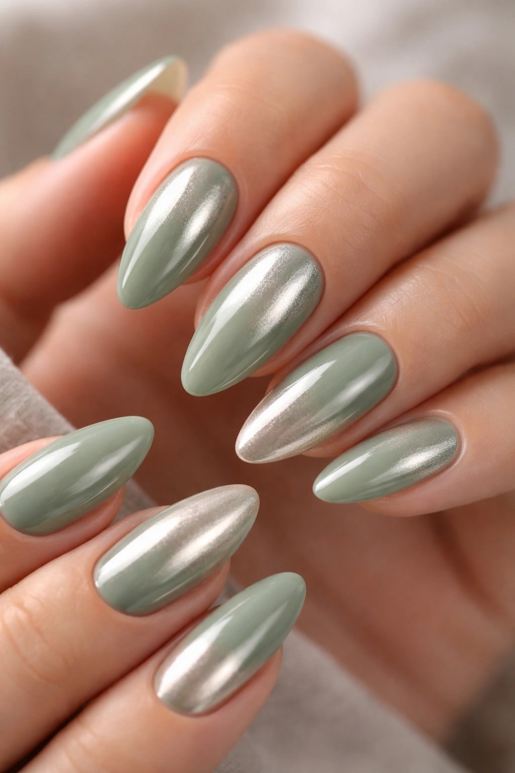 Almond nails with sage base and champagne chrome finish on selected nails