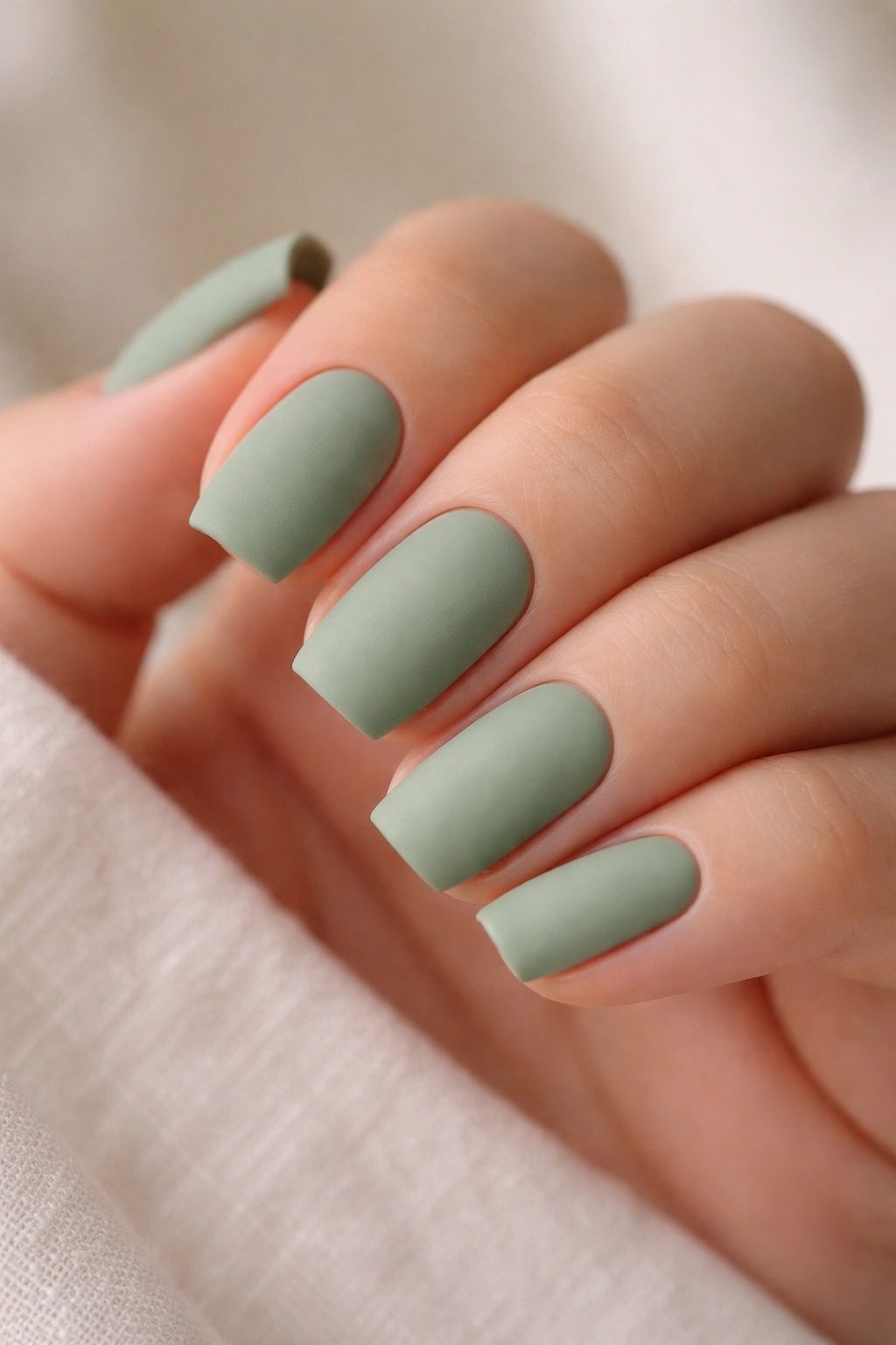 Matte sage green short coffin nails with velvety finish and crisp edges.