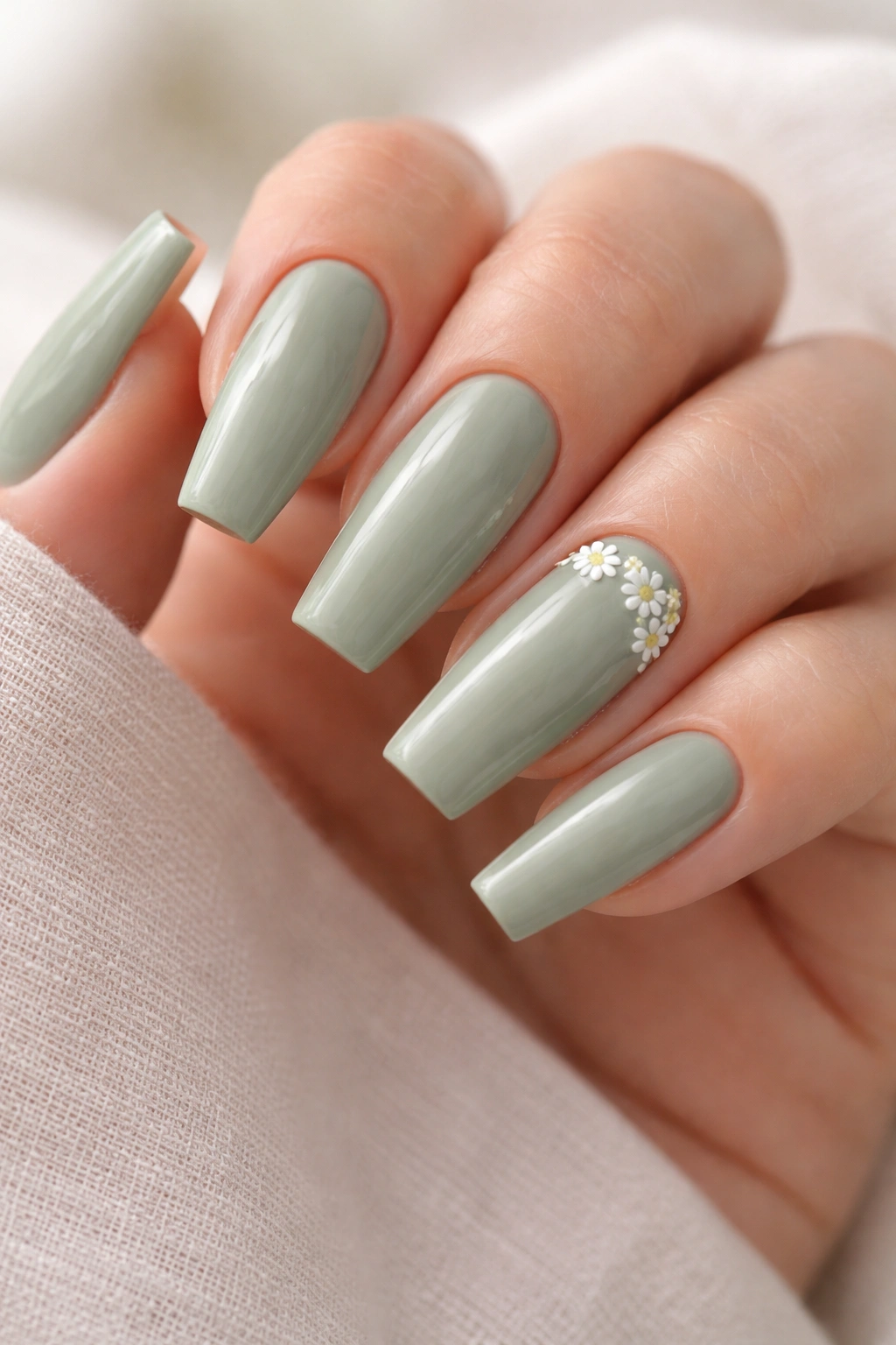 Sage green coffin nails with small white daisies and yellow centers on select nails.