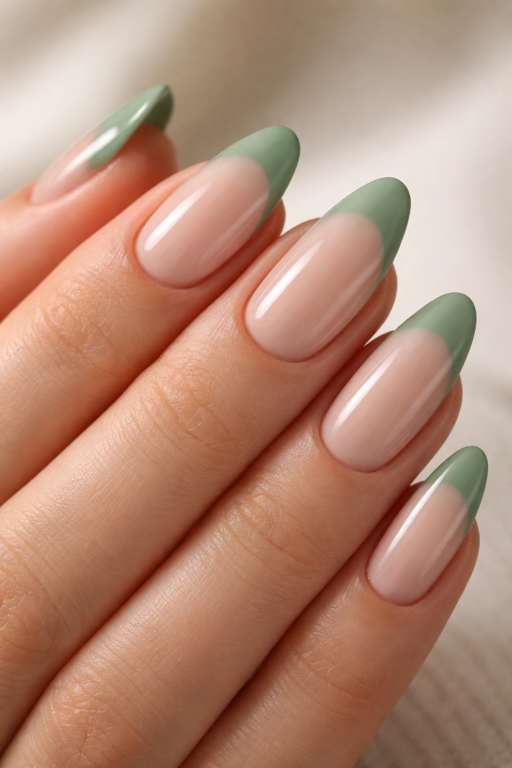 Almond nails with sage green French tip on nude base