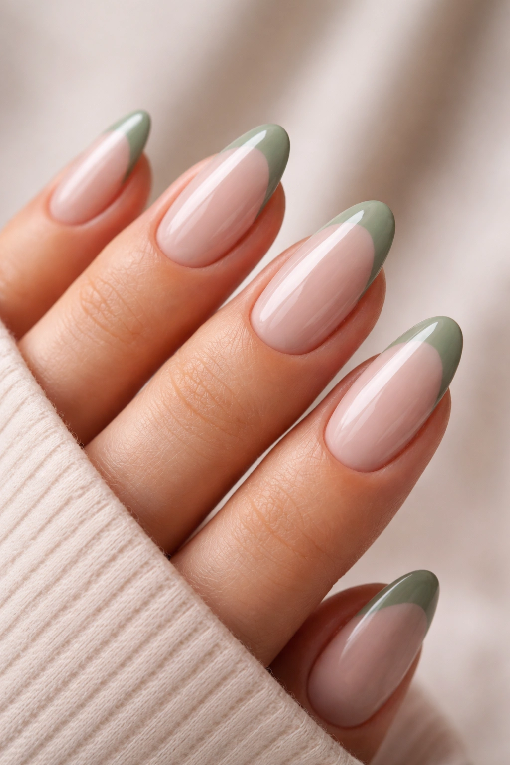 Almond nails with sage green tip on pale base, glossy finish