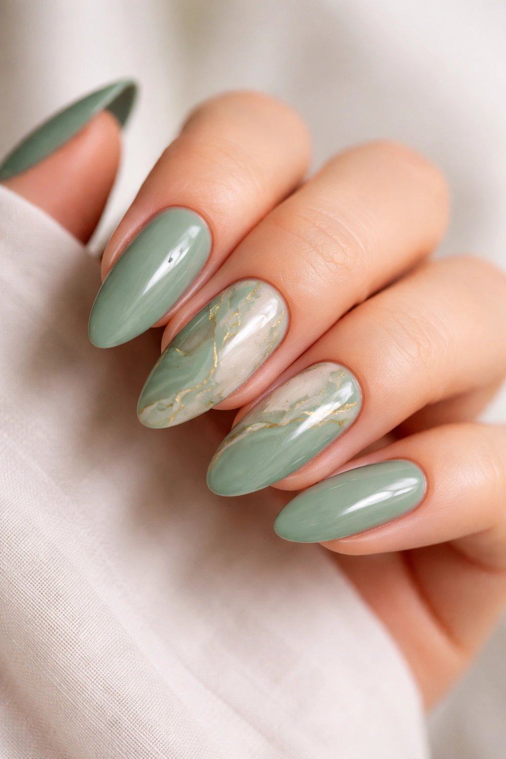 Almond nails with sage green base and pale marble-veined accent nails