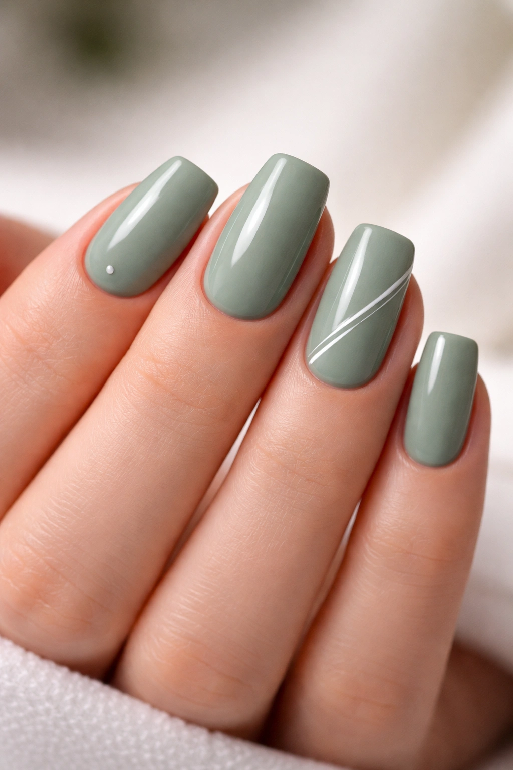 Close-up of sage green minimalist coffin nails with subtle accent