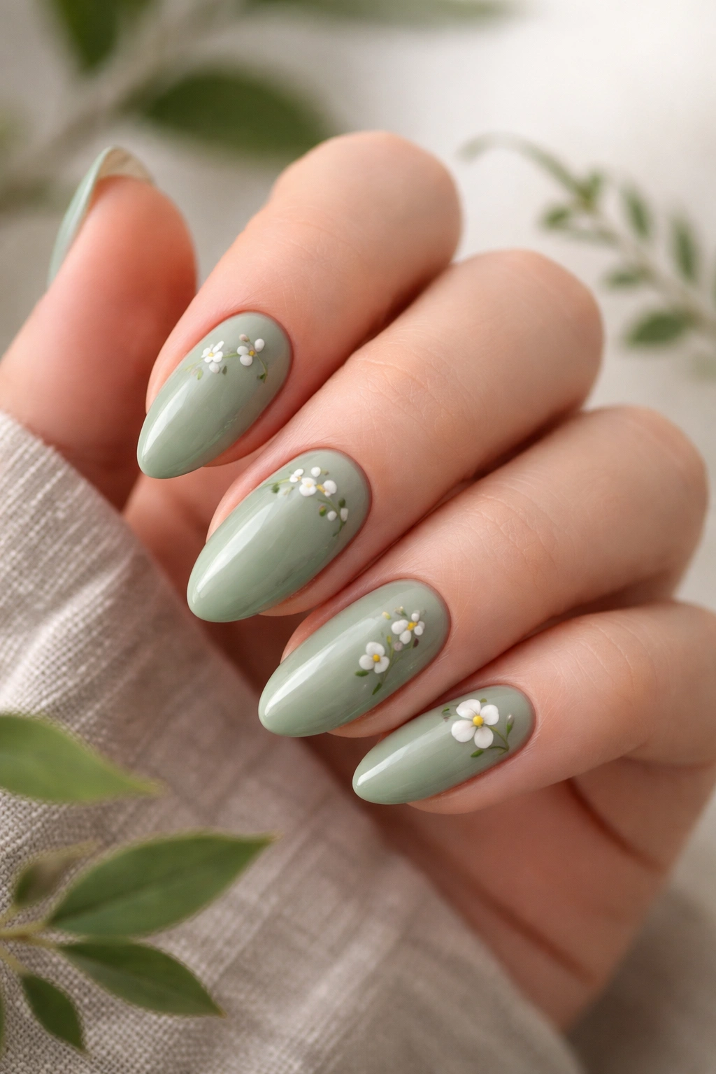 Macro of sage green almond nails with tiny budding blooms