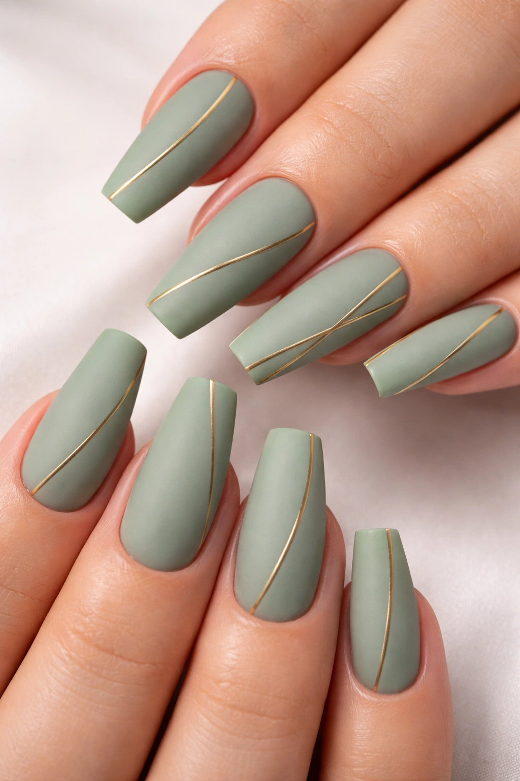 Matte sage green coffin nails with ultra-thin gold lines on a clean background