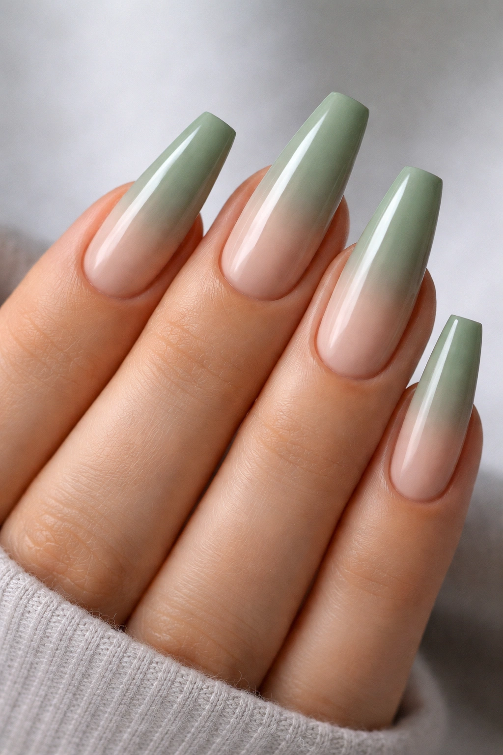 Close-up of sage green to bare nude fade coffin nails