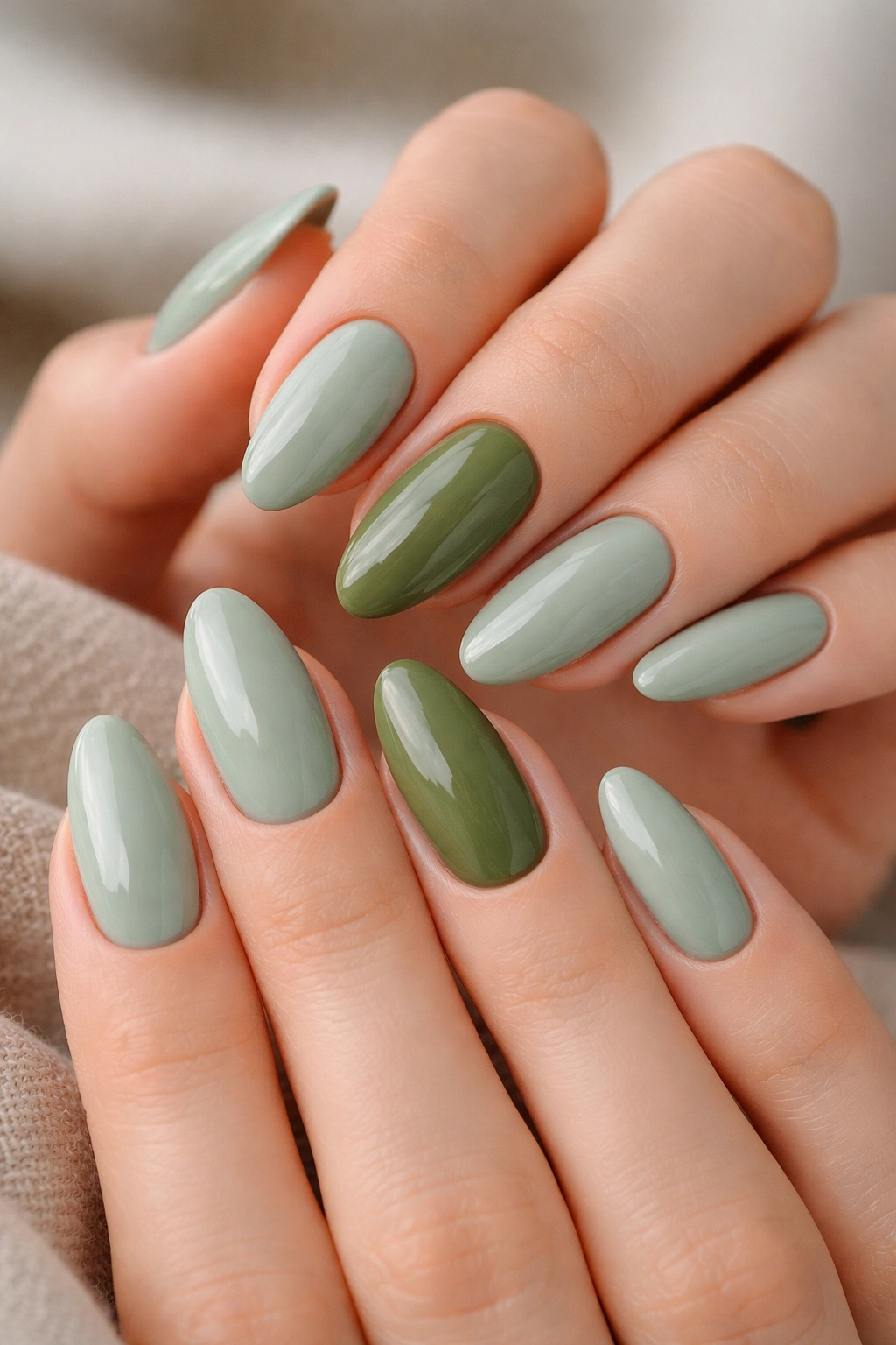 Almond nails with sage base and olive accent on one nail per hand