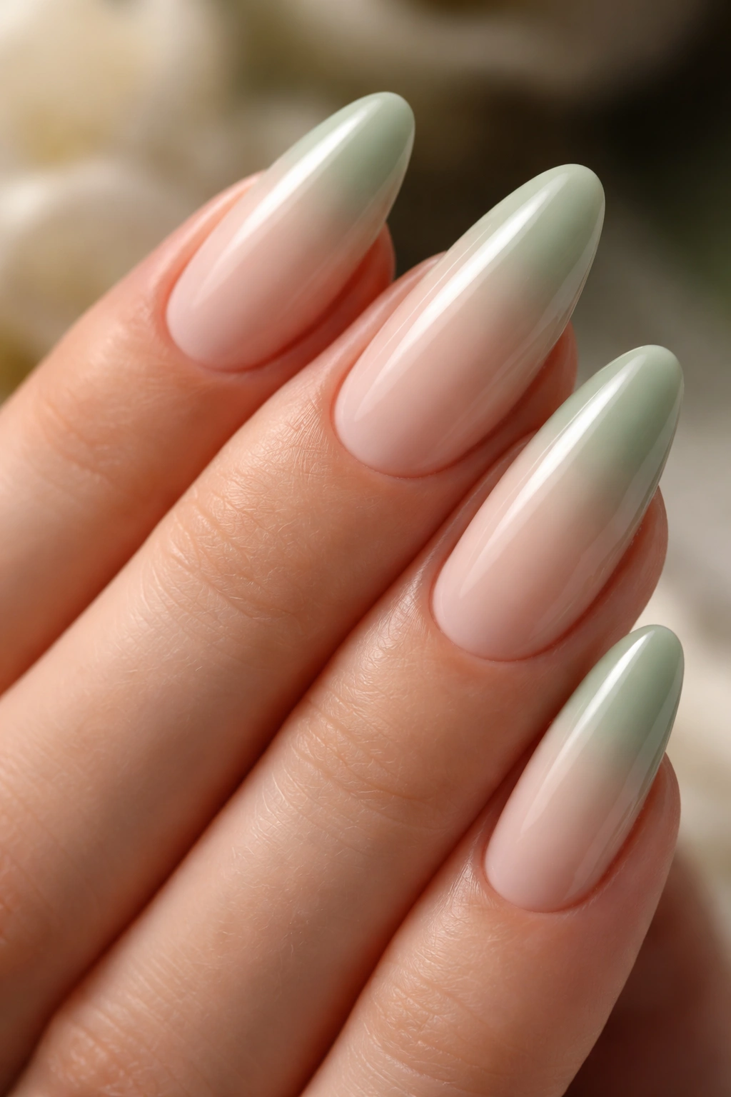 Sage green ombré almond nails milky nude to green close-up