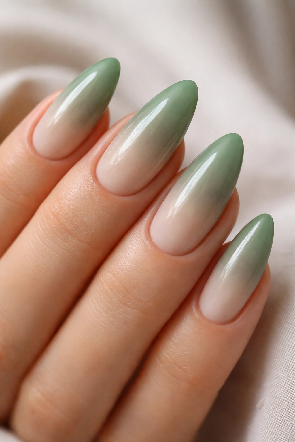Close-up sage green to creamy beige almond nails with muted gradient