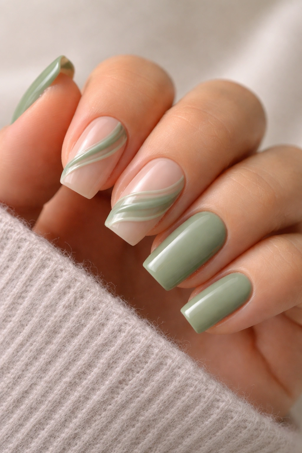 Close-up of sage green swirls and negative space on short coffin nails