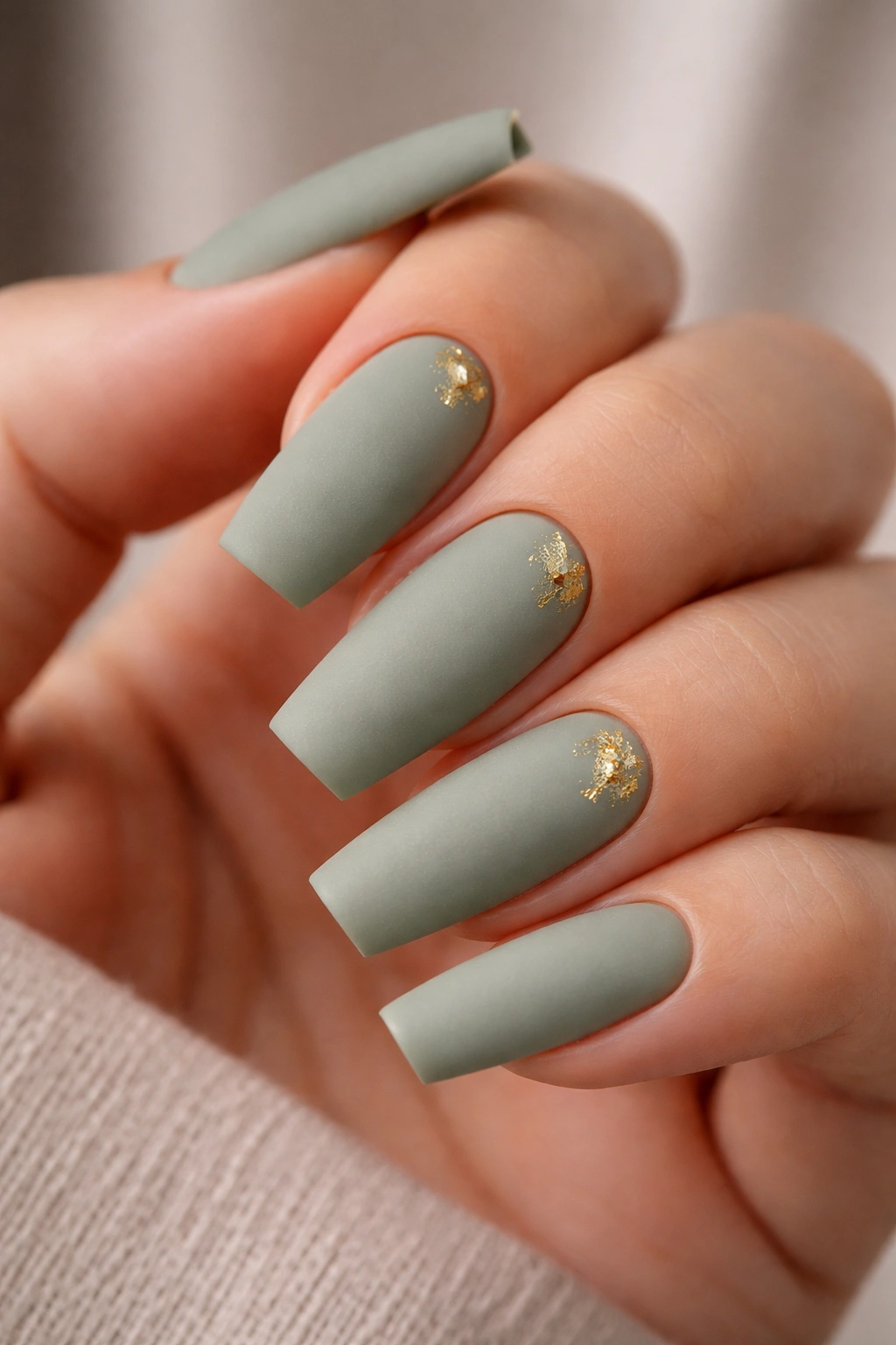 Matte sage coffin nails with tiny gold foil accents