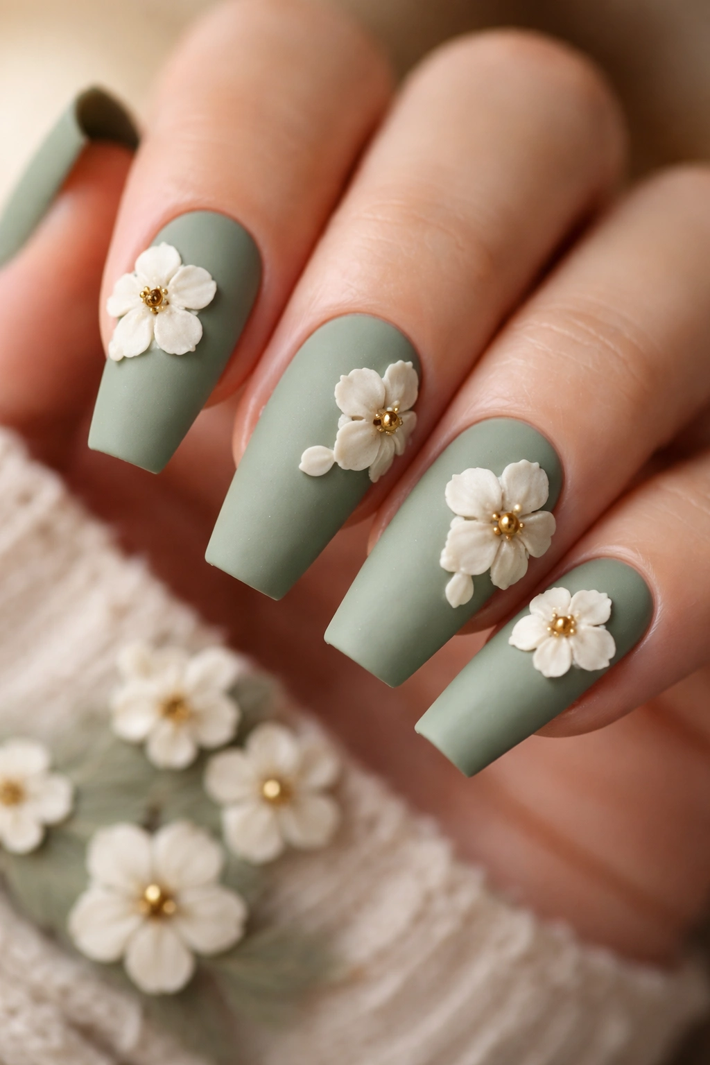 Close-up matte sage coffin nails with ivory blossom accents.