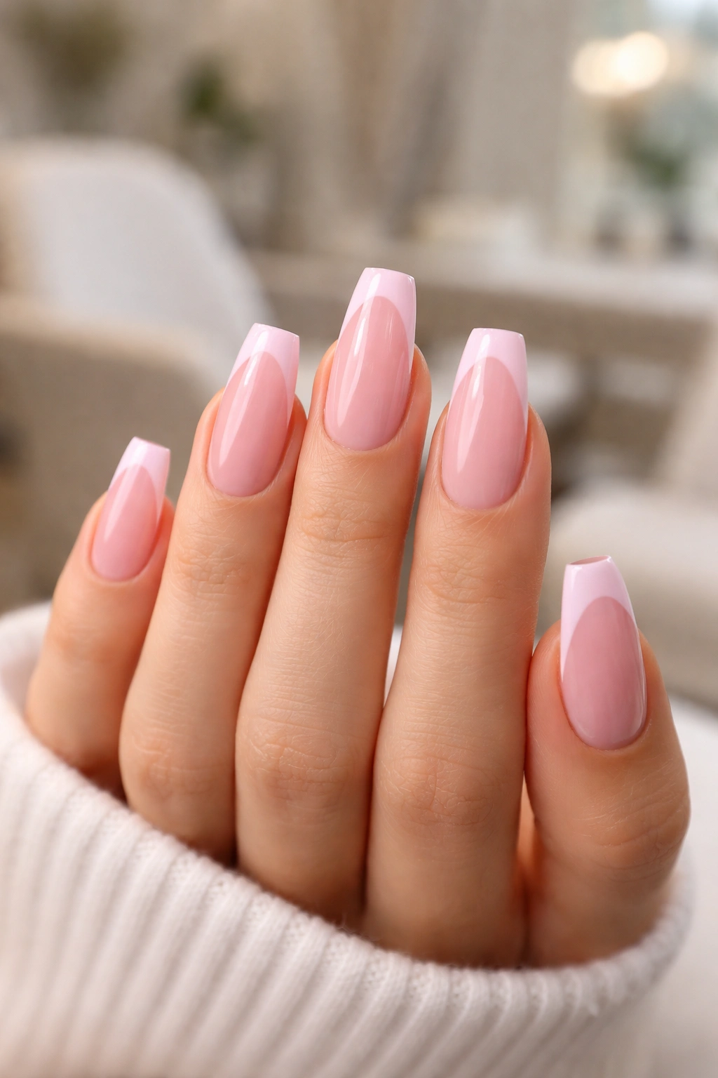 Close-up of medium coffin nails with pink French tips in a salon setting