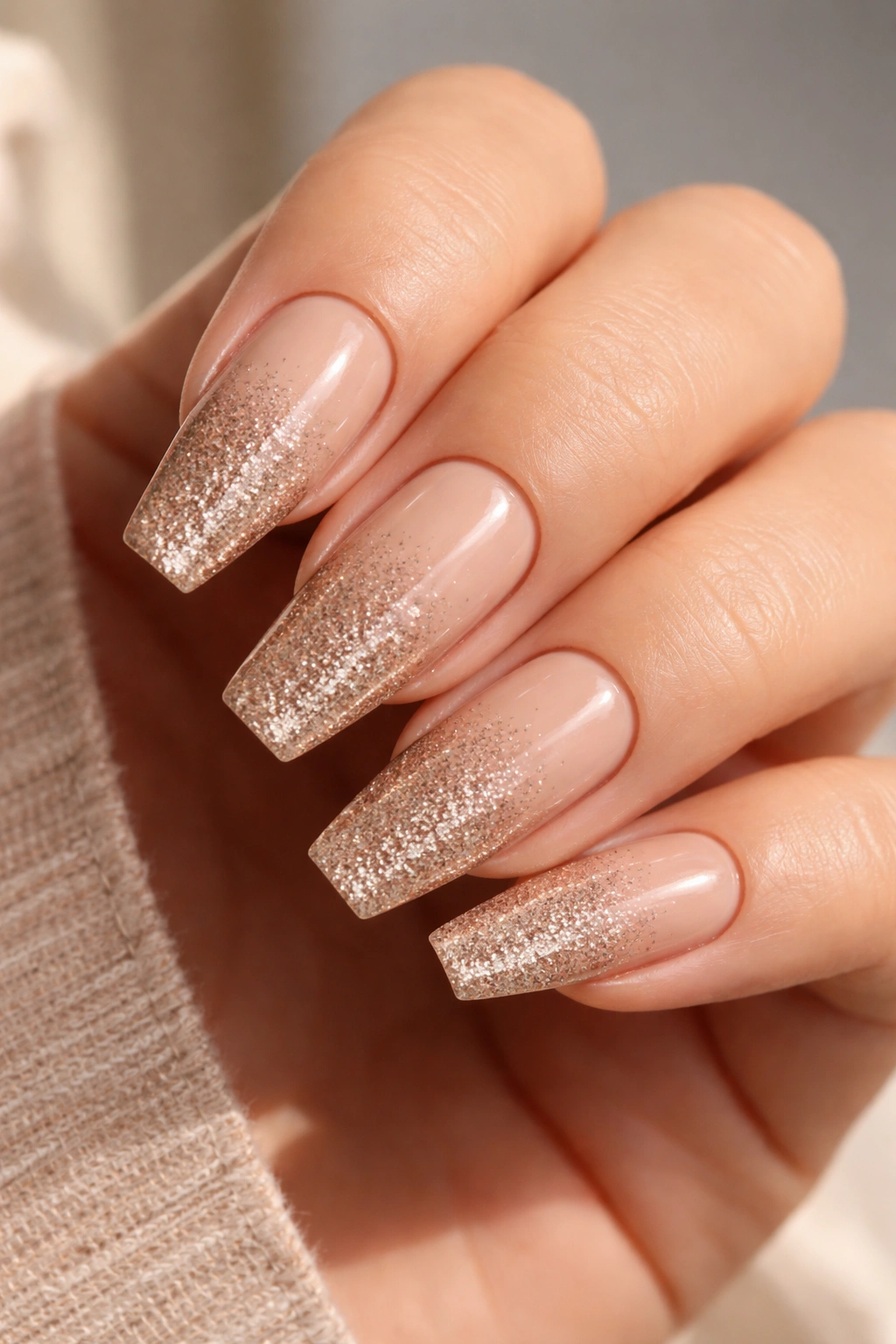 Sand beige coffin nails with champagne glitter fade