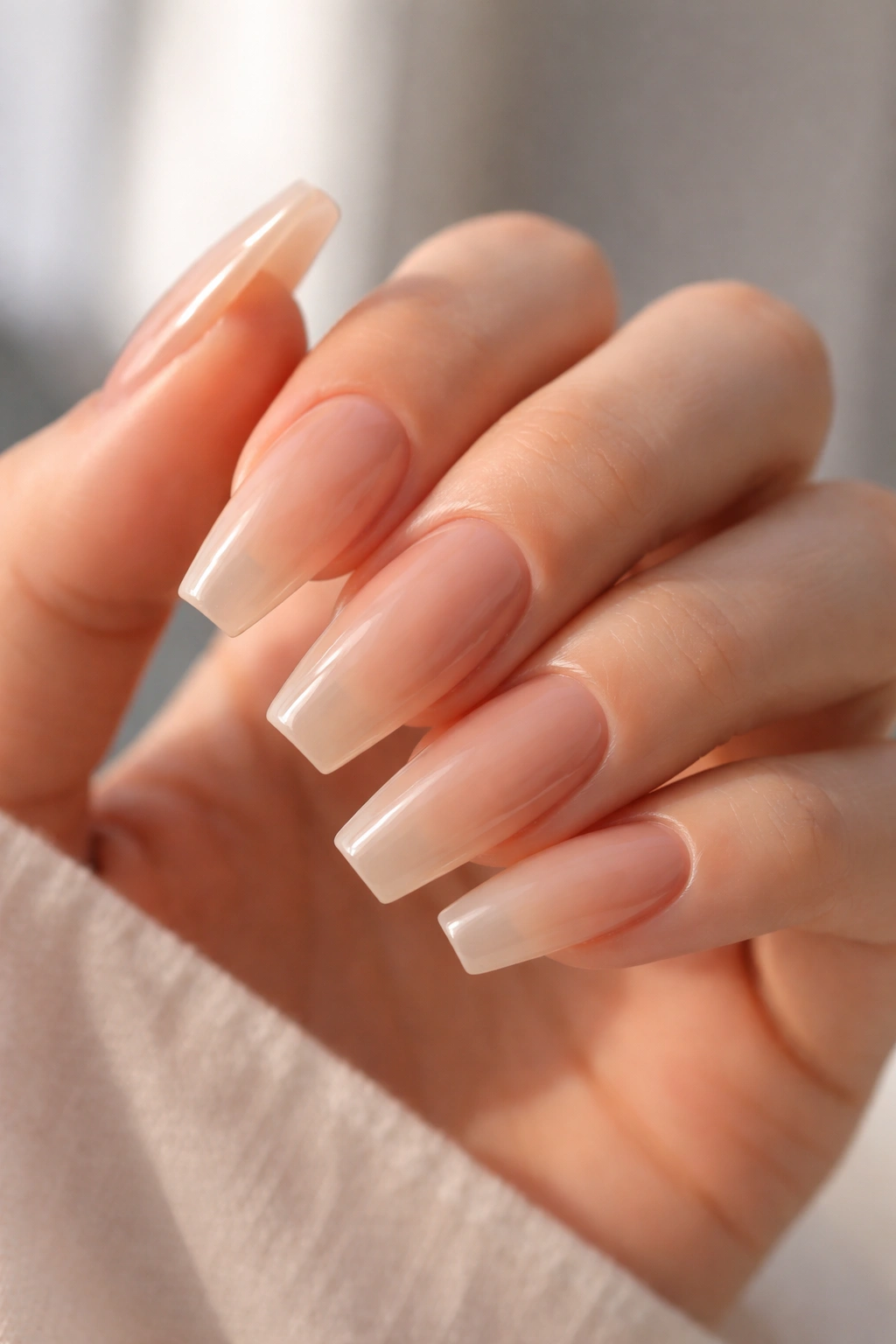 Translucent sandstone jelly nude coffin nails with depth.