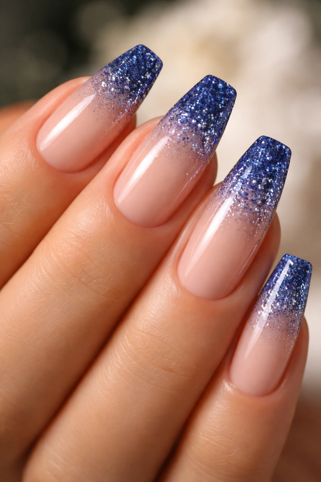 Sapphire glitter fade on coffin nails with tip sparkle