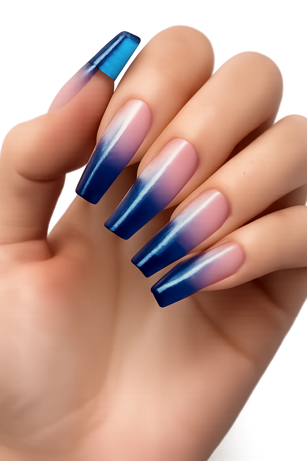 Close-up of sapphire jelly coffin nails showing translucent gradient from base to tip