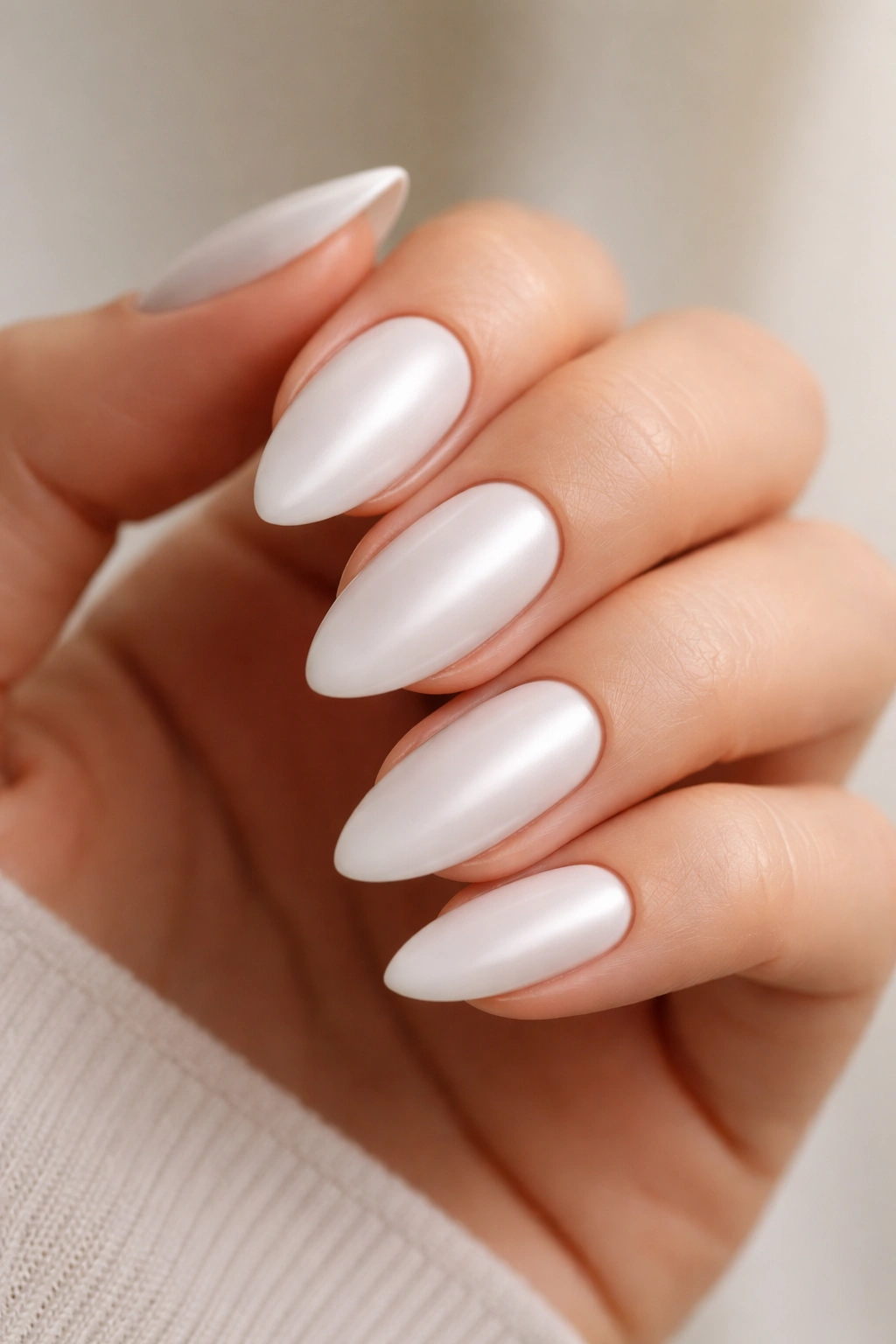 Close-up of satin finish white almond nails on a hand with soft diffused glow