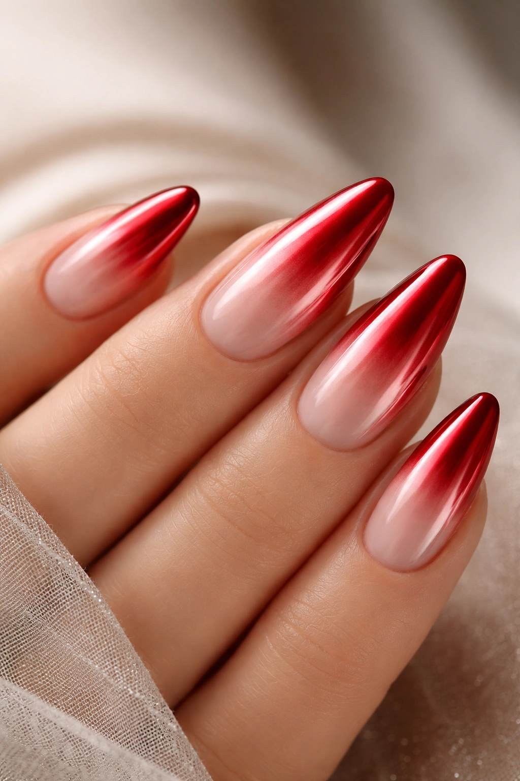Almond nails with scarlet red chrome ombré fade