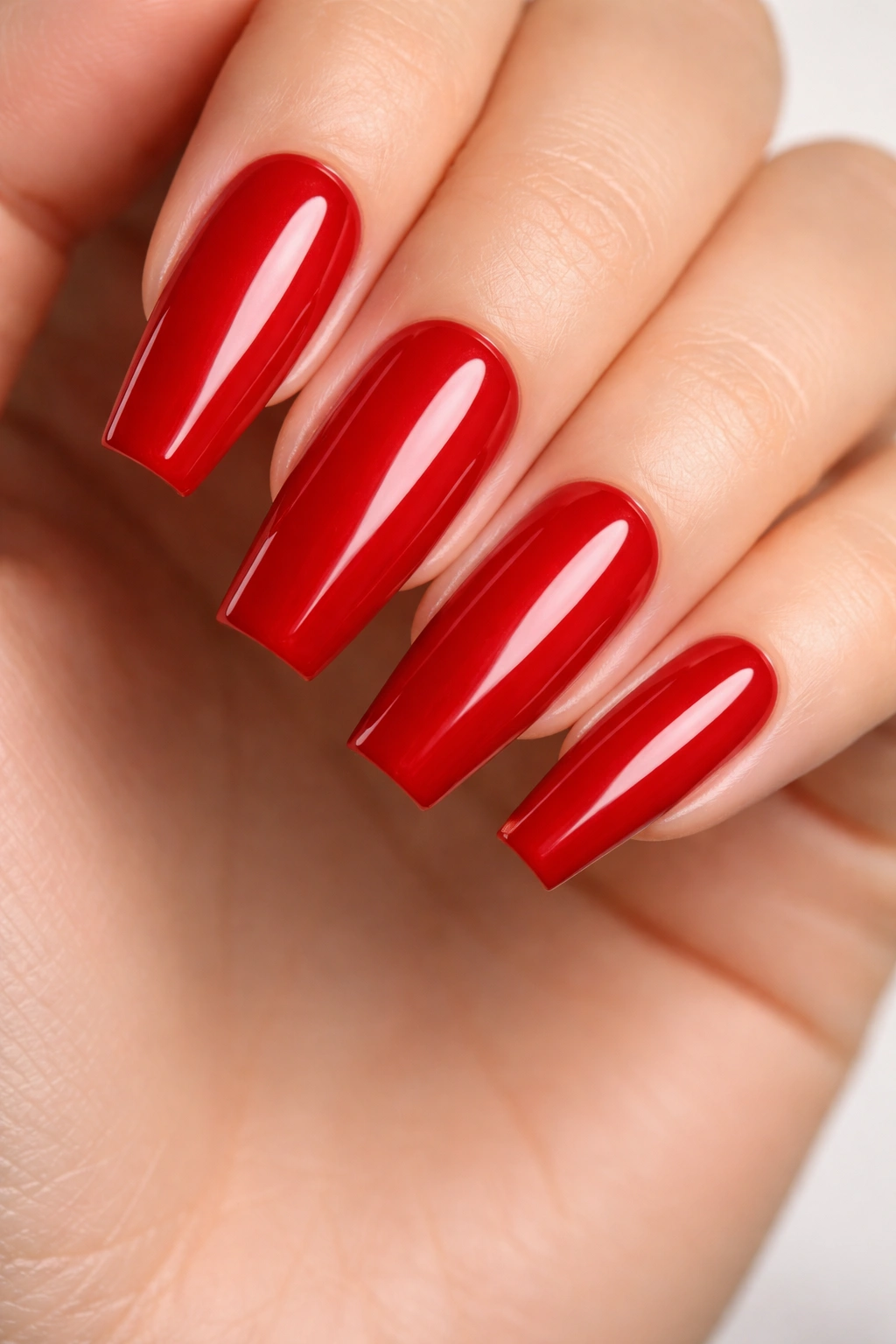 Close-up of scarlet coffin nails with crisp sidewalls and glossy red creme finish
