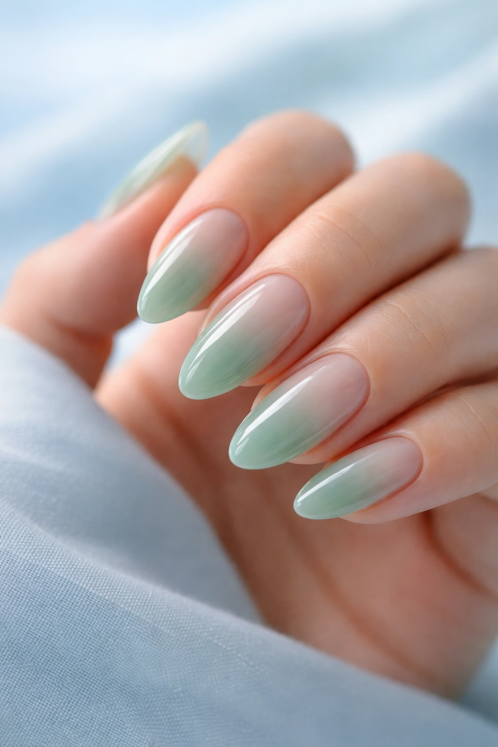 Almond nails with sea glass green jelly polish on a hand
