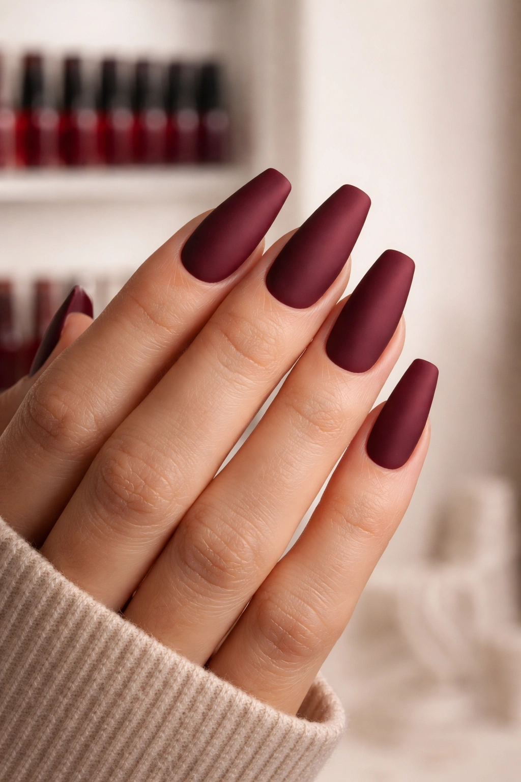 Close-up of medium-length coffin nails in blue-based dark red matte finish