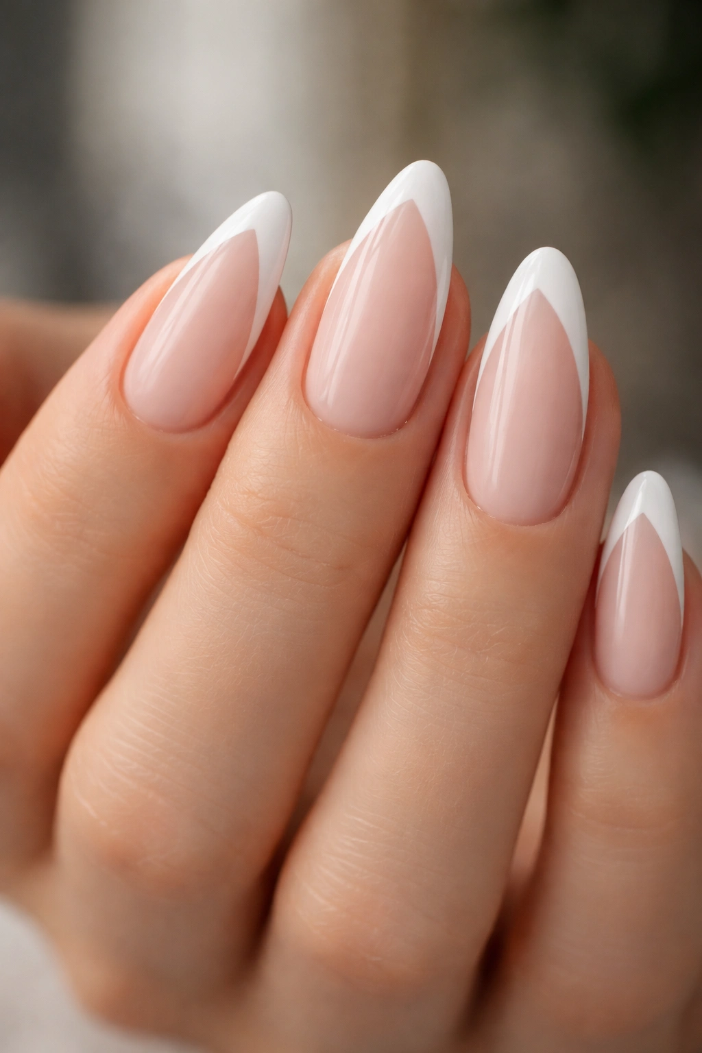 Almond nails with a sharp centered V white tip