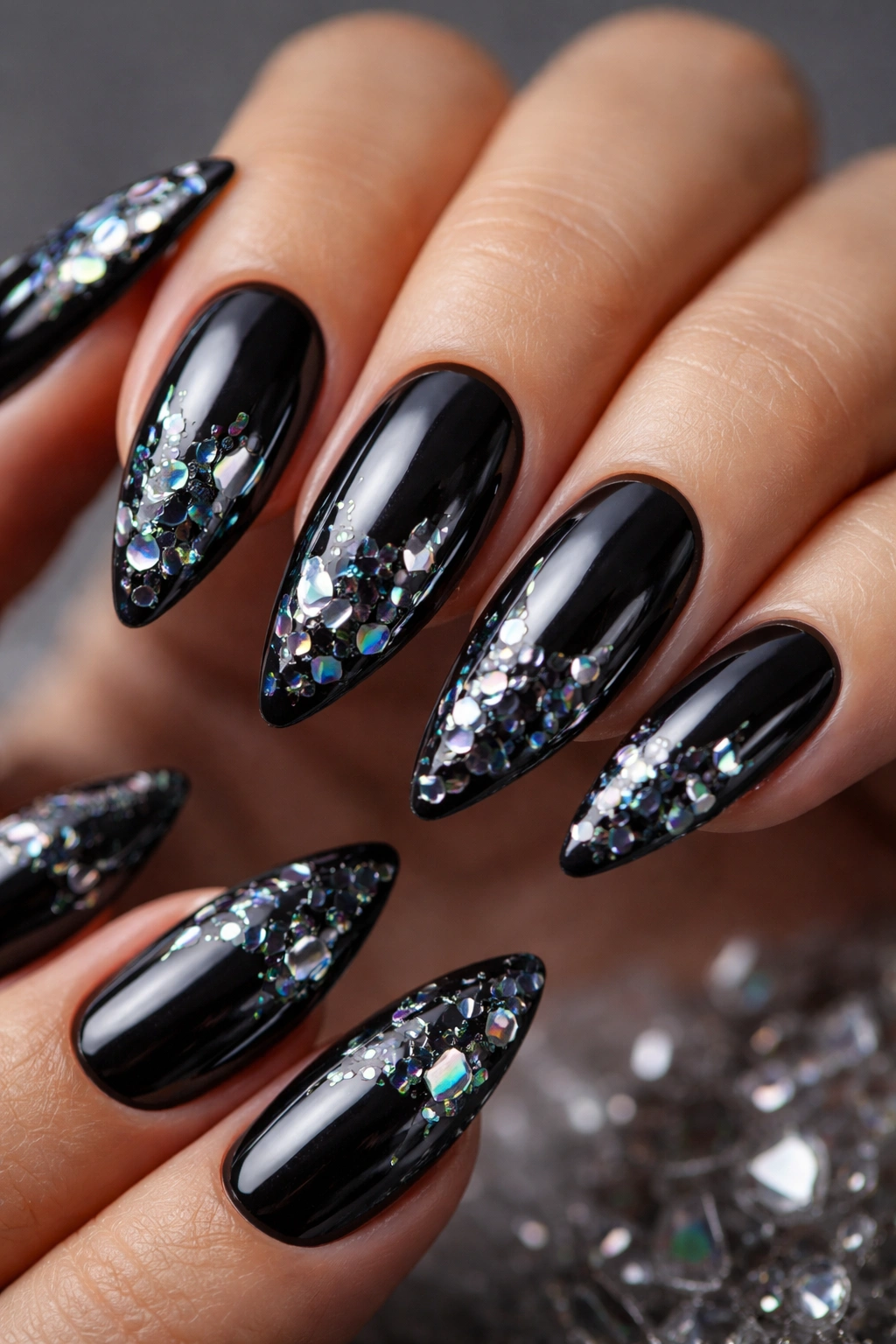 Close-up of almond nails with shattered glass black chrome and iridescent shards
