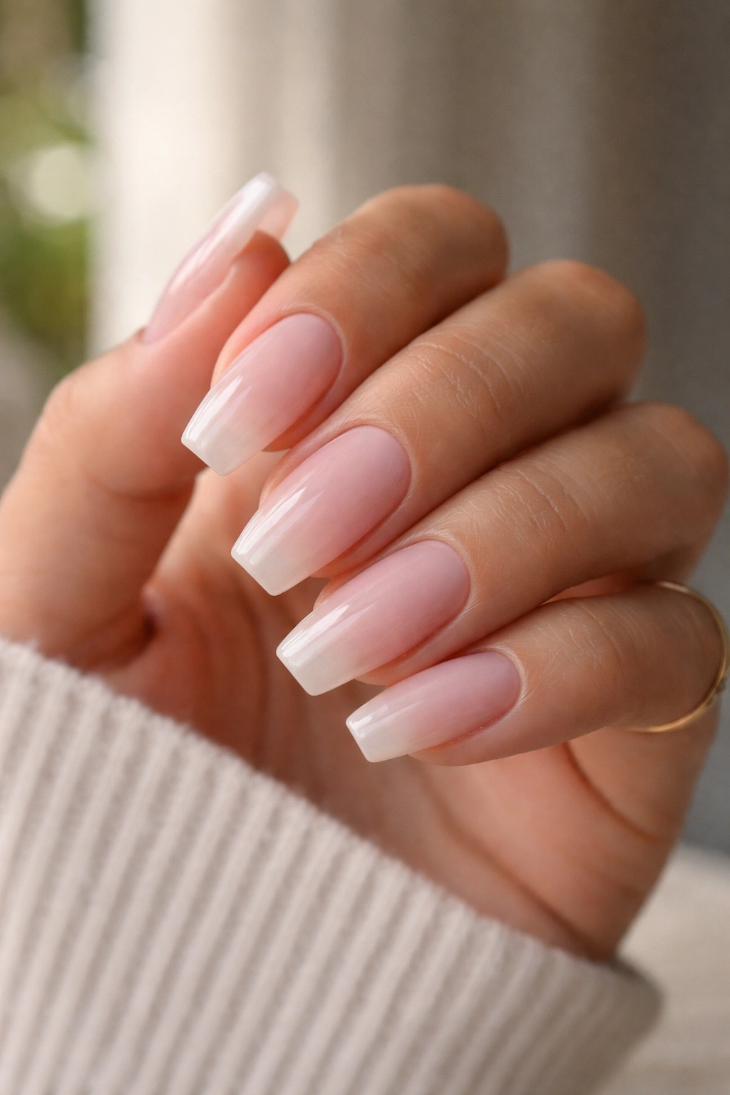 Coffin nails in sheer ballet pink with milky translucency and glassy shine
