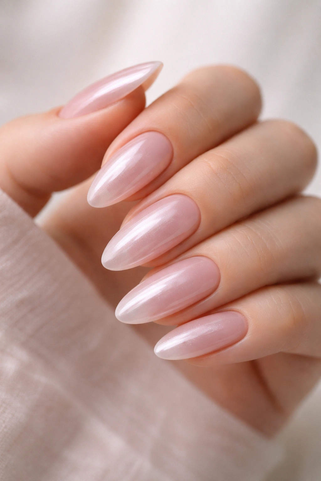 Close-up of almond nails with sheer pink chrome veil on translucent base