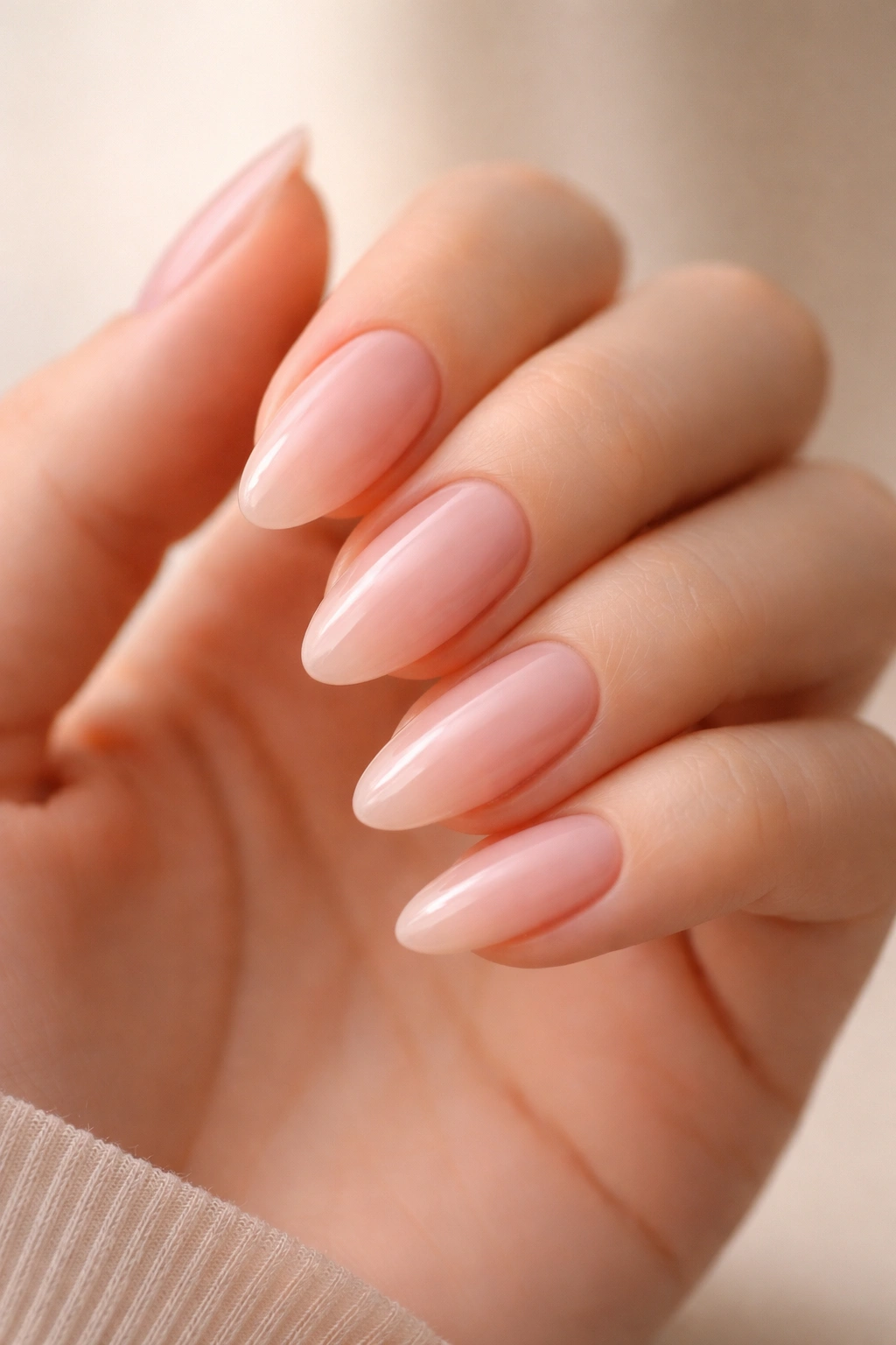 Almond nails with sheer blush nude showing natural nail edge on a neutral background