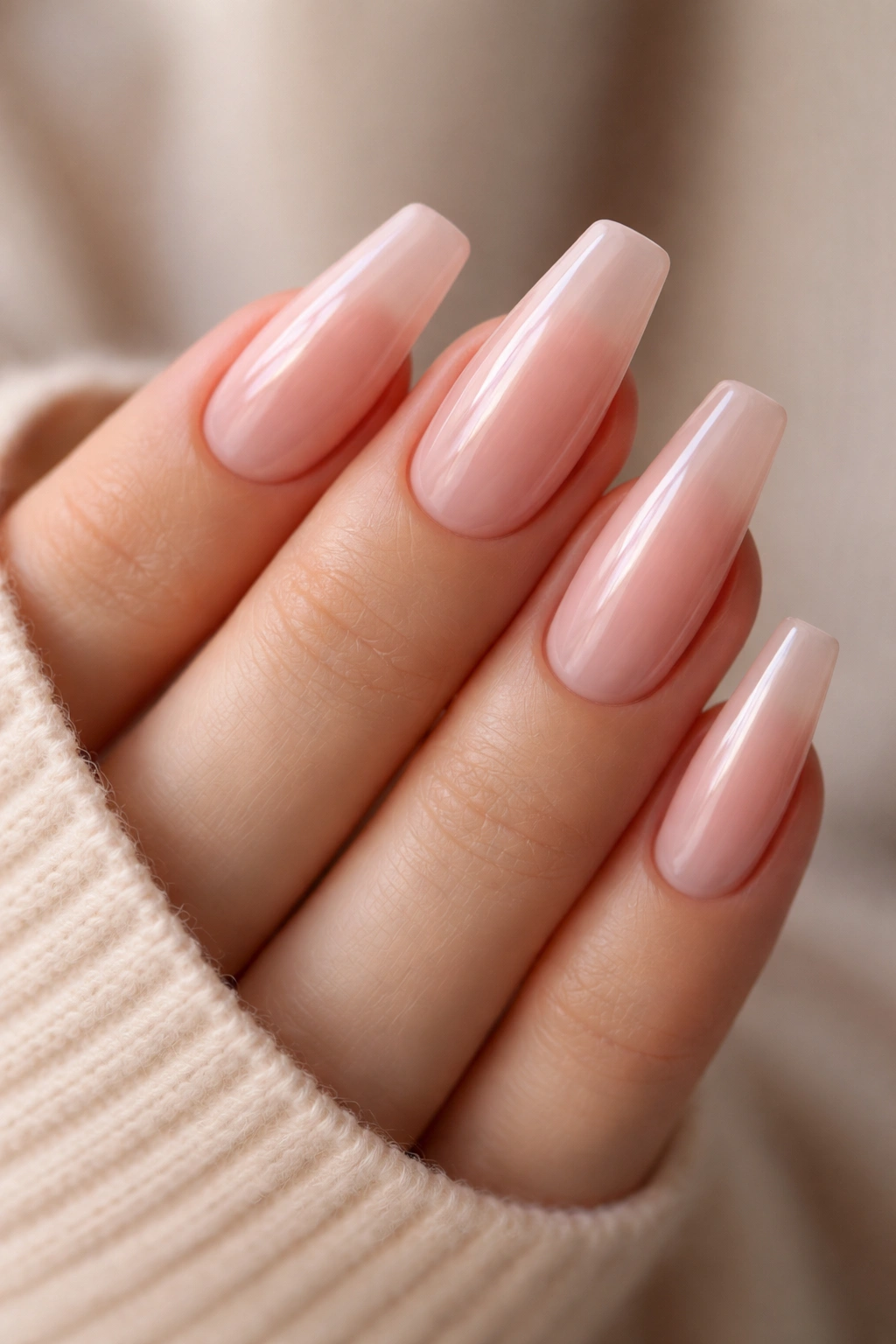 Sheer blush pink coffin nails with glassy finish on a hand