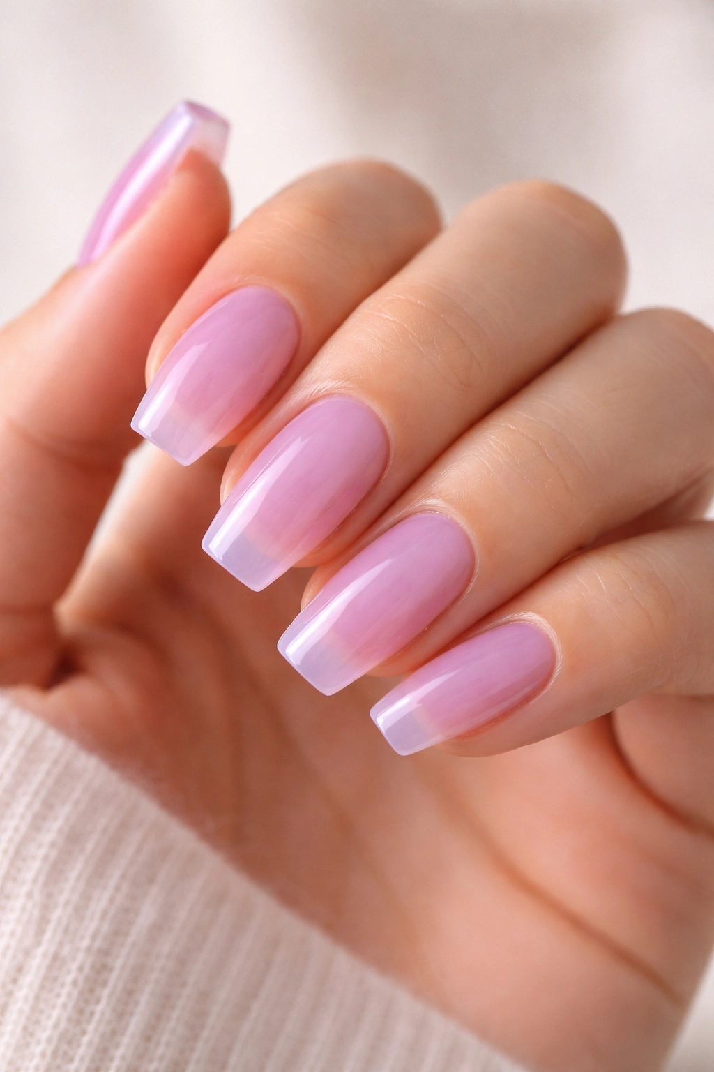 Close-up of sheer lilac jelly coffin nails showing translucency.