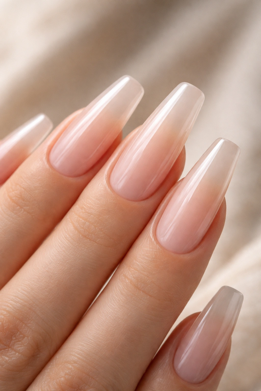 Close-up of nails with sheer almond-milk jelly on long ballerina nails