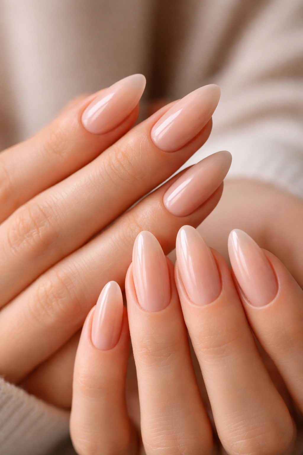 Close-up of hands with sheer nude almond nails in a milky beige-pink shade.