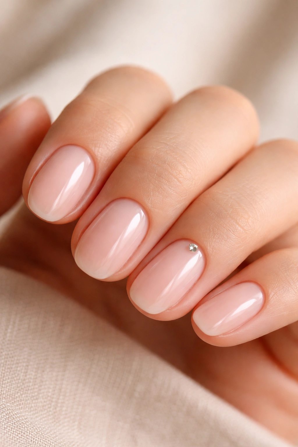 Close-up of short oval nails with sheer nude polish and a single crystal near the cuticle on the ring finger
