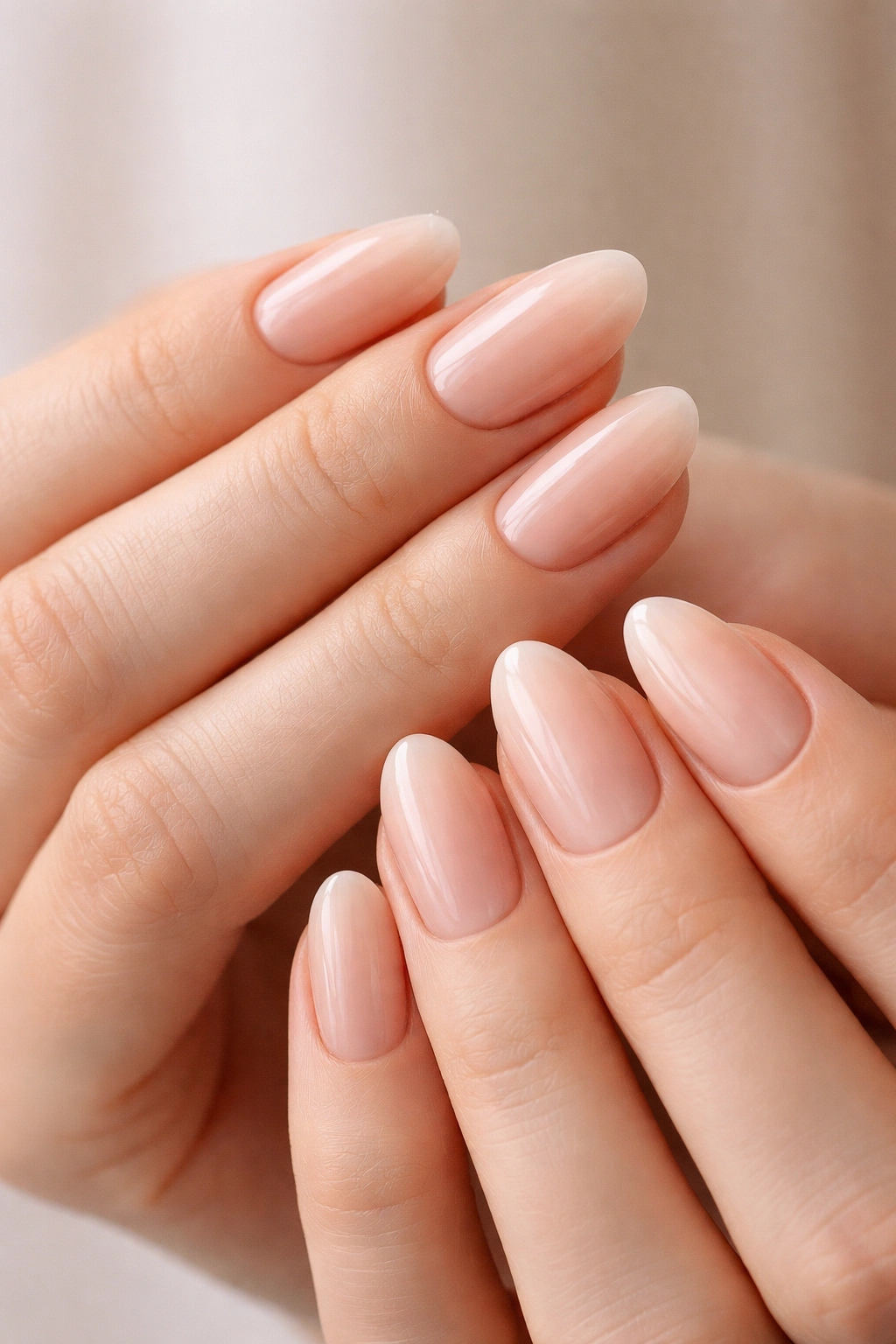 Close-up of sheer nude short almond nails with translucent beige-pink polish and glossy finish